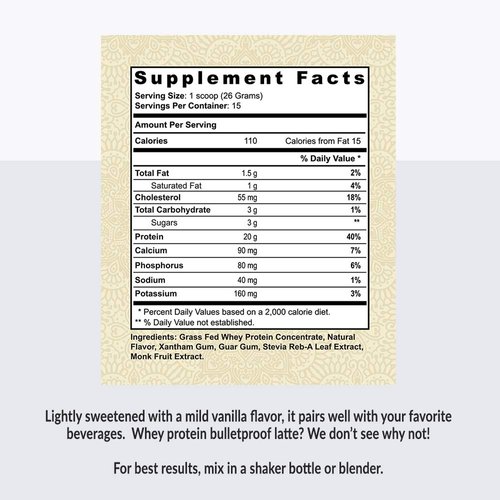 Alaya Naturals - Grass Fed Whey Protein Powder - Vanilla Flavor, All Natural, Hormone Free - 20g Protein per Serving - Non-GMO, rBGH Free, Gluten Free - Great Source of BCAA