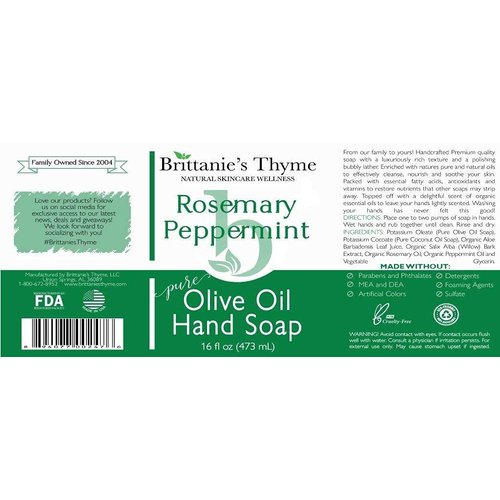 Brittanie's Thyme Organic Natural Hand Soap, 16 oz (Rosemary & Peppermint) Moisturizing Castile Soap Made Olive Oil And Natural Luxurious Essential Oils. Vegan, Gluten & Cruelty Free,