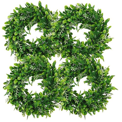 LSKYTOP 4 Pack Boxwood Wreath Round Wreath Artificial Wreath Green Leaves Wreath Door Wall Window Decoration,12Inch/PC