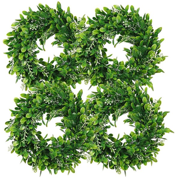 LSKYTOP 4 Pack Boxwood Wreath Round Wreath Artificial Wreath Green Leaves Wreath Door Wall Window Decoration,12Inch/PC