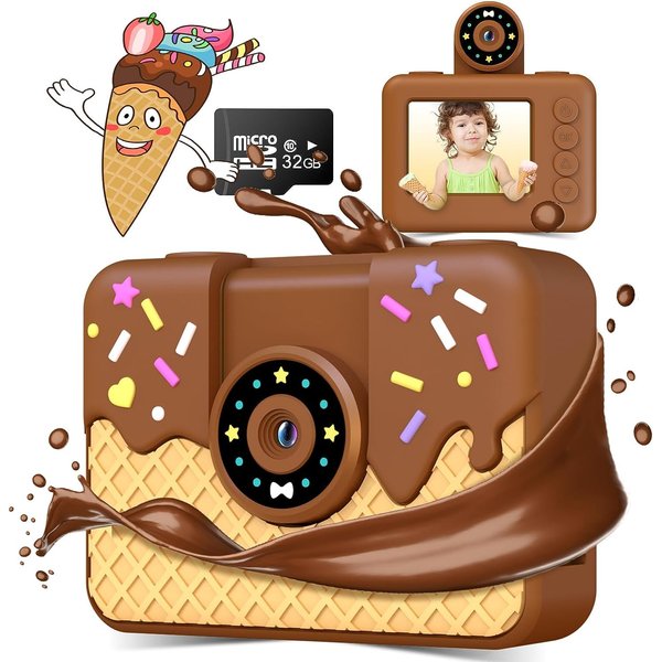 Kids Camera for Boys Girls Digital Camera for Kids 20MP Rotatable Lens Selfie Camera 1080P Kids Video Camera for 3-12 Years Boys Girls Birthday with 32GB SD Card (Brown)