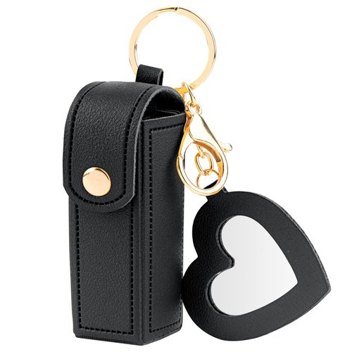 Beautyflier Lipstick Organizer Keychain Chapstick Case with Mirror for Women, Portable Lipstick Leather Holder Lip Gloss Bag Lip Balm Case for Travel, Party, Holiday Gifts (Black, Heart)