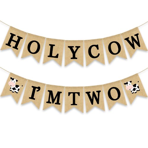 Holy Cow I'm Two Banner Farm 2nd Birthday Party Decoration Barnyard Burlap Garlands Western Boy Girl Second Birthday Supplies Black