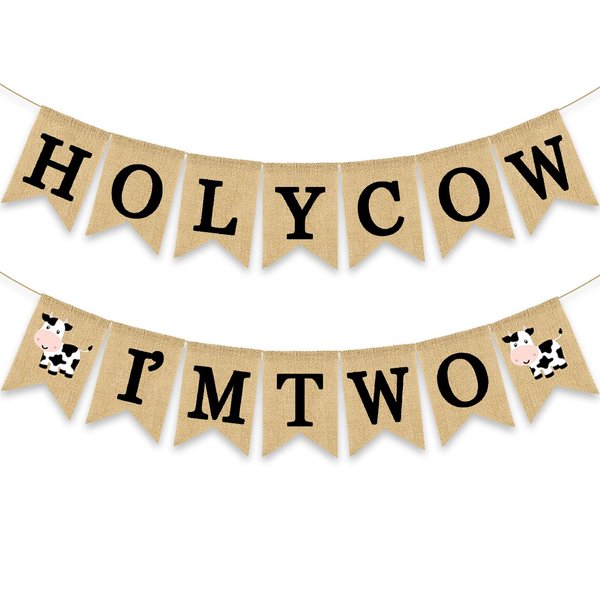 Holy Cow I'm Two Banner Farm 2nd Birthday Party Decoration Barnyard Burlap Garlands Western Boy Girl Second Birthday Supplies Black