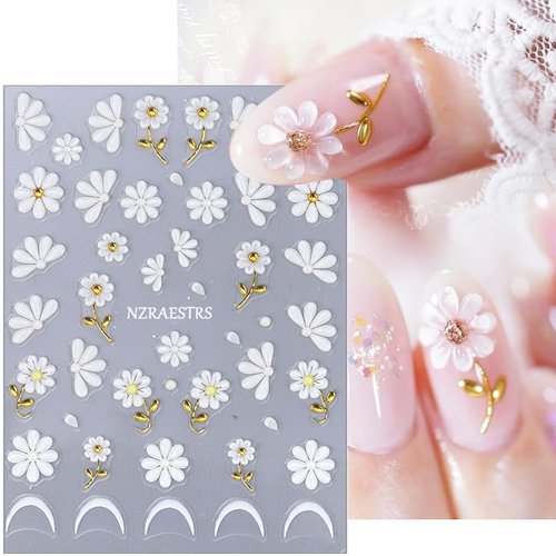 Embossed Flower Nail Art Stickers 5D Self-Adhesive Gold Daisy Nail Decals Colorful Hibiscus Flowers Nail Stickers Summer Floral French Tip Nail Decoration for Women Girls Nail Supplies 2 Sheets