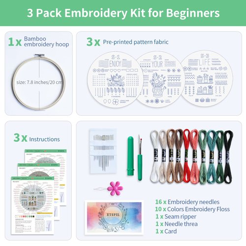 ETSPIL 3 Sets Embroidery kit for Beginners Adults，Learn 33 Different Stitches DIY Kits ，Includes Stamped Flower Pattern, Hoop, Color Threads,Tools,Easy to Follow Instruction & Video… (Simple B)