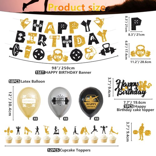 KEFAN Gym Birthday Party Decorations, Weight Lifting Party Supplies, Black and Gold Fitness Themed Party Decorations with Latex Balloons Fitness Cake Topper Glitter Gym Happy Birthday Banner