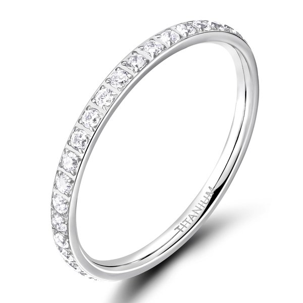 TIGRADE 2mm Women Titanium Eternity Ring Cubic Zirconia Anniversary Wedding Engagement Band Size 3-13, Silver, Size 6.5