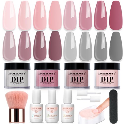 AZUREBEAUTY Dip Powder Nail Kit, 4 Colors Gentle Nude Pink Neutral Skin Dipping Powder System Liq...