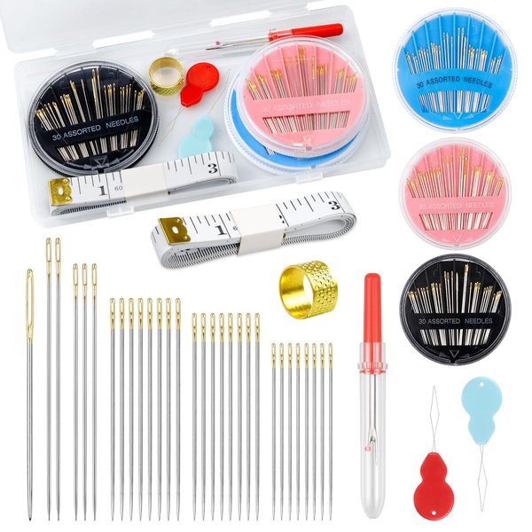 Premium Hand Sewing Needles Set,FIVEIZERO 90-Count Assorted Embroidery Needles with threaders,Thread Removal Knife, Thimble,Soft Tape Measure for Hand Sewing Repair
