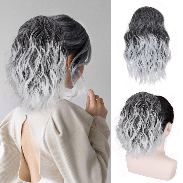 Cisyia Ponytail Extension, Black Mix Gray to Platinum Drawstring Ponytail for Women, Clip in Wavy Curly Ponytail Hair Extensions Short Soft Synthetic Hairpiece for Daily Use
