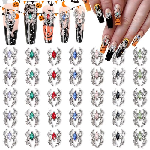 JERCLITY 35pcs Halloween Spider Nail Charms Silver Spider Charms for Nails Inlay 7 Colors Horse Eye Gems and Charms Punk Retro Spider Nail Rhinestones Nail Art Supply for Women Halloween Decorations