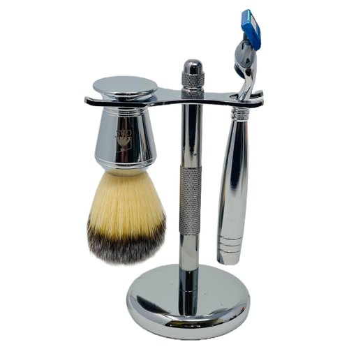 G.B.S Men's Shaving Kit - 5 Blade Razor Stainless Durable Wide Handle for Strong Grip, Shaving Brush, Razor + Brush Stand, Chrome shaving Bowl & All-natural Shave soap