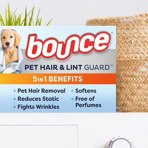 Bounce Pet Hair and Lint Guard Mega Dryer Sheets with 3X Pet Hair Fighters, Unscented, 130 Count