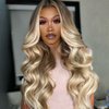 Highlight Ombre Ash Blonde Lace Front Wigs with Cap+Comb, Body Wave Lace Frontal Synthetic Wig Mixed Brown #26/613 Blonde Color, Glueless Pre plucked Long Wavy Wigs for White and Black Women 22 Inch