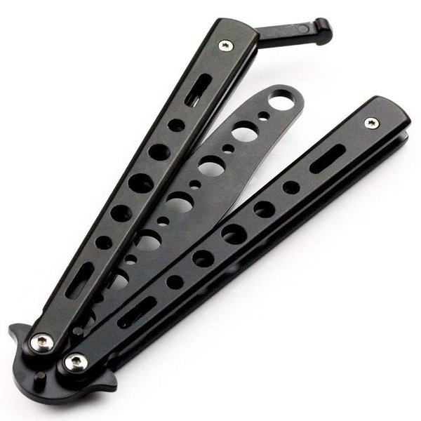 AIFUSI Butterfly Knife Trainer Practice Steel Metal Folding Knife Training Knife Unsharpened Blade (Black)