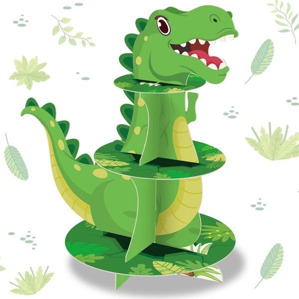 Censen 3 Tier Dinosaur Cupcake Stand Party Decorations Dinosaur Theme Cupcake Holder Decorations Dinosaur Dessert Tower for Kids Dinosaur Jungle Theme Party Birthday Supplies (Lovely)