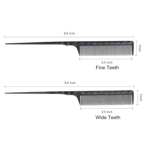 PERFEHAIR Heat Resistant Rat Tail Combs for Flat Iron Straightening, 2 Pieces Carbon Fiber Anti Static Styling Combs for Women, Fine and Wide Teeth, Black