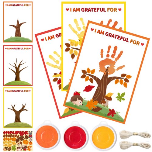WATINC Fall Thankful Tree Handprint Crafts - 30Pcs DIY Thanksgiving Gratitude Tree with Maple Leaves Stickers, Make Your Own Thank You Greeting Cards Gifts for Mom Dad