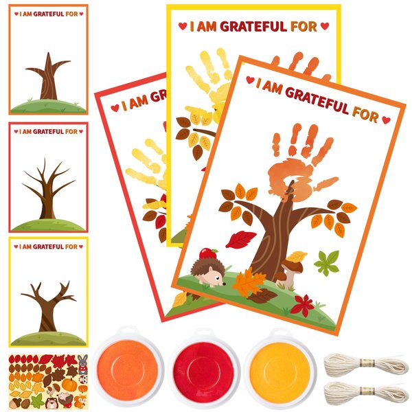 WATINC Fall Thankful Tree Handprint Crafts - 30Pcs DIY Thanksgiving Gratitude Tree with Maple Leaves Stickers, Make Your Own Thank You Greeting Cards Gifts for Mom Dad