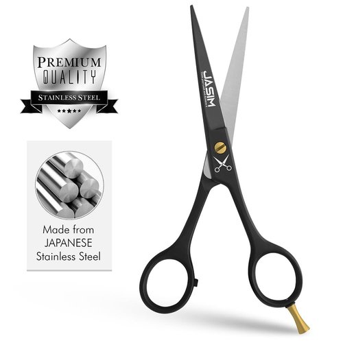 JaSiM Hair Scissors - Hair Cutting Scissors – 6.5” Scissors to Cut Hair - Black Haircut Scissors - Hair Shears - Mustache Scissors - Hair Scissors Professional - Grooming Scissors (Black & Gold)