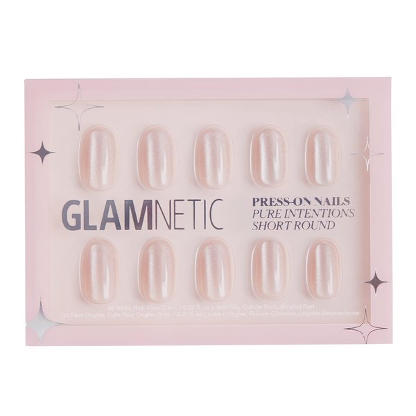 Glamnetic Press On Nails - Pure Intentions | Glossy, Semi-Transparent, Short Round Nails, Reusable | 12 Sizes - 30 Nail Kit with Glue