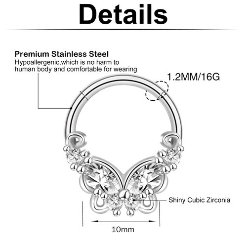 ONESING 12 Pcs Septum Rings 16G Septum Jewelry Surgical Steel Septum Piercing Jewelry CZ Butterfly Dangle Daith Cartilage Helix Horseshoe Nose Hoop Lip Rings Silver Septum Rings for Women