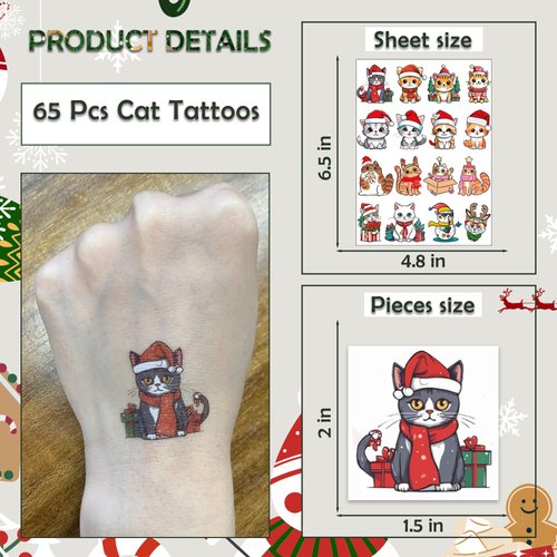 65 PCS Cat Temporary Tattoos for Party Supplies, Cat Tattoo Stickers for Birthday Parties, Chistmas Tattoos Party Favor, Waterproof Birthday Halloween Tattoos. (Cat)