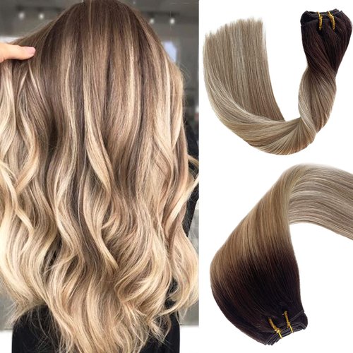 Sew in Hair Extensions Real Human Hair Brown with Medium Blonde Highlighted Remy Human Hair Extensions 20 Inch Double Weft Hair Weft Extensions Sew in Hair Extensions 100g for White Women