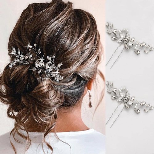 Easedaily Crystal Bride Wedding Hair Pins Silver Rhinestone Bridal Hair Pieces Pearl Hair Accessories for Women and Girls (2 pieces)