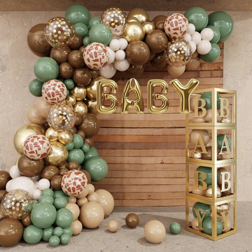 Amandir 137pcs Woodland Animals Baby Shower Decoration Baby Boxes Sage Green Brown Balloon Garland Arch Kit Woodland Themed Animal Foil Balloons for Neutral Forest Jungle Safari Party Supplies