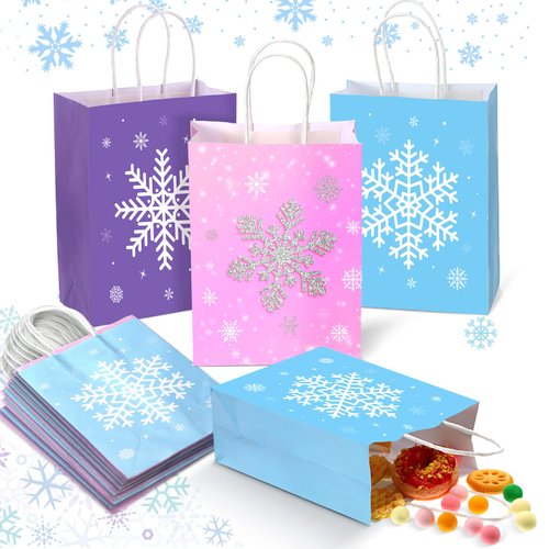 21 Pieces Snowflake Party Favors Bags Frozen Gift Bags Winter Candy Treat Goodie Bags Winter Wonderland Kraft Paper Bags with Handles for Snowflake Theme Winter Holiday Birthday Party Supplies