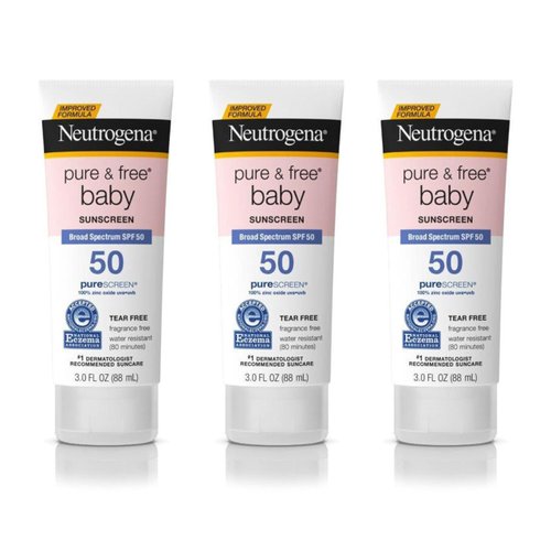 Neutrogena Pure & Free Baby Mineral Sunscreen Lotion with Broad Spectrum SPF 50 & Zinc Oxide, Water-Resistant, Hypoallergenic & Tear-Free Baby Sunscreen, Paraben-Free, Dye-Free, 3 fl. oz