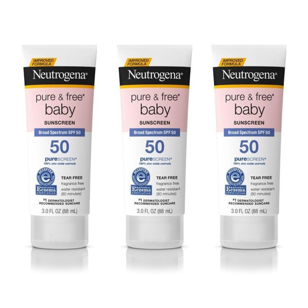 Neutrogena Pure & Free Baby Mineral Sunscreen Lotion with Broad Spectrum SPF 50 & Zinc Oxide, Water-Resistant, Hypoallergenic & Tear-Free Baby Sunscreen, Paraben-Free, Dye-Free, 3 fl. oz