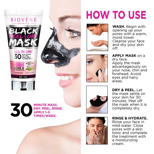 Biov?ne Black Peel-Off Mask, 3.4 oz Tube, Black Face Mask to Combat Acne, Blemishes and Blackheads with Activated Charcoal, Aloe Vera, and Green Tea (Pack of 1)