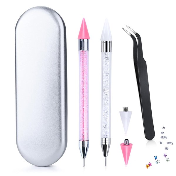 2PCS Rhinestone Applicator Tool, Nail Rhinestone Picker Dotting Tool, Dual-Ended Rhinestones Pickup Wax Pen for Nail Gems Crystals Jewel DIY Nail Art Crafts with 2 Extra Wax Tips and 1 Tweezer