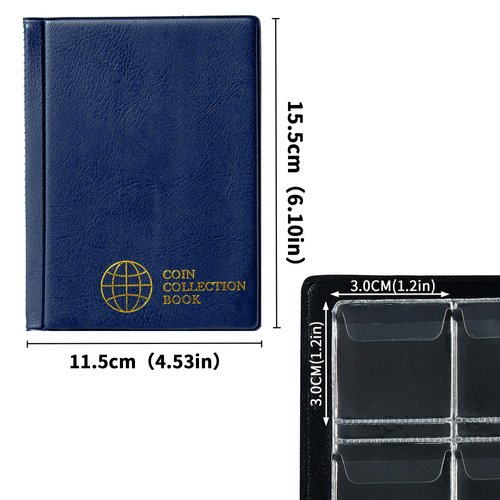 Coin Collection Album 120 Pockets - 3x3cm/1.2x1.2 inch Coin Holder Book Coin Storage Album Money Penny Pocket for Collectors Blue CS0112BL
