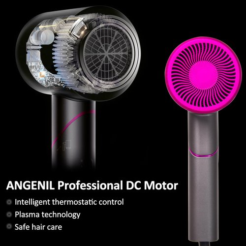 ANGENIL Hair Dryer Ionic Blow Dryer, Magnetic Nozzle & Diffuser Hair Dryer for Curly Hair, Fast Drying Low Noise, Professional Travel Hair Dryer, Foldable Handle, 3 Constant Temp Without Hair Damage
