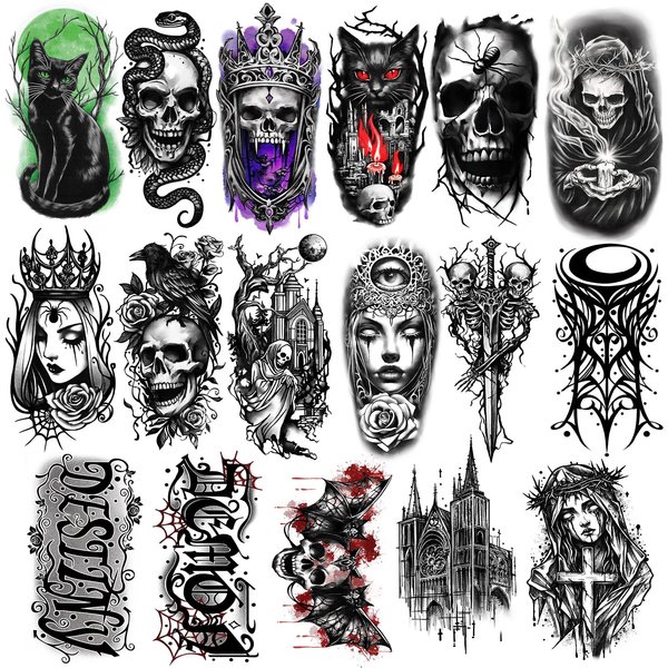 77 Sheets Temporary Tattoo, 17 Sheets Gothic Skull Cat Snake Spider Crow Spider Half Sleeve Scary Fake Tattoos for Adults Men Women, 60 Sheets Small Tattoos Stickers for Boys Girls Party Supplies