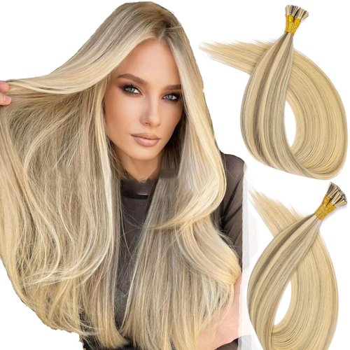 MioYio I Tip Hair Extensions Human Hair 30G/Pack Virgin Hair Itip Human Hair Extensions #16/60 Pre Bonded I Tip Real Hair Extensions Long Straight Highlight Blonde 14Inch