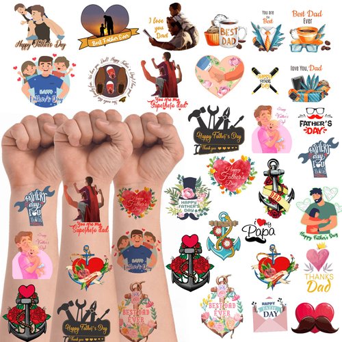 Father&#39;s Day Temporary Tattoos,12 Sheets 112 Pieces Father Dad Themed Tattoos Stickers Party Deco...