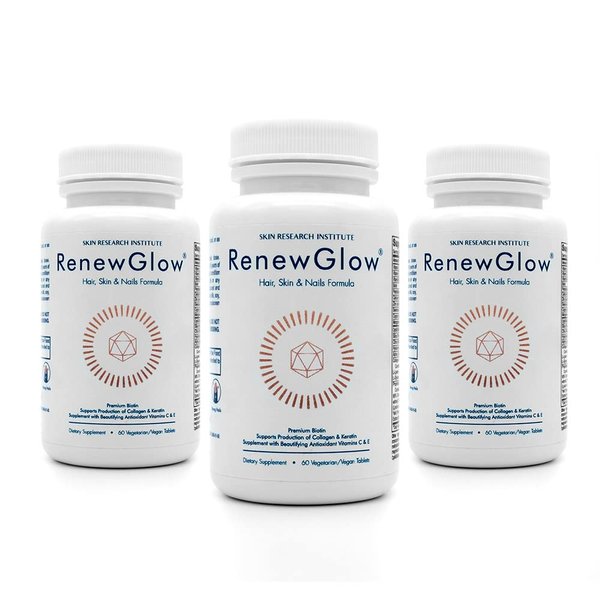 Skin Research Institute Renewglow Biotin Supplement - Vegan Friendly - Healthy Skin, Nail, and Hair 3 Pack