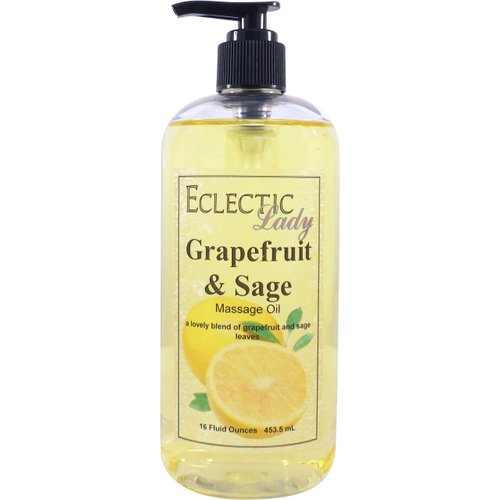 Grapefruit and Sage Massage Oil, 16 oz, With Sweet Almond Oil and Jojoba Oil, Preservative Free, Perfect for Aromatherapy and Relaxation