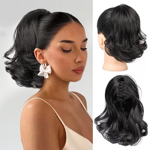 MONIXI Ponytail Extension, 10" Short Claw Clip on Pony Tails Hair Extensions for Women Synthetic Natural Wavy Drawstring Fake Ponytails Hairpieces Daily Use (Black, 10 inch)