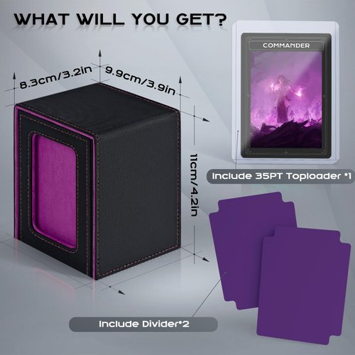 ZLCA MTG Deck Box with Commander Window Display, Trading Card Storage Box Holds 100 Double-Sleeved Cards Suitable for TCG/CCG/PTCG/EDH/Magic/Sport Cards (Black&Purple)