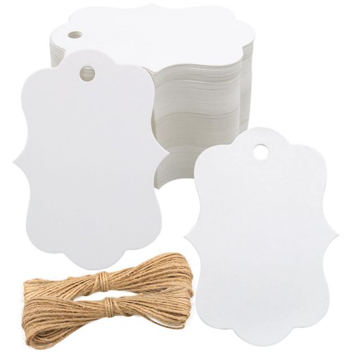 joycraft 100Pcs White Paper Blank Gift Tags,Double-Sided Blank Favor Tags with String,Personalized Price Waved Craft Hang Tags for Gift Wrapping,Wedding,Merchandise and DIY Project(2.75" x 1.97")