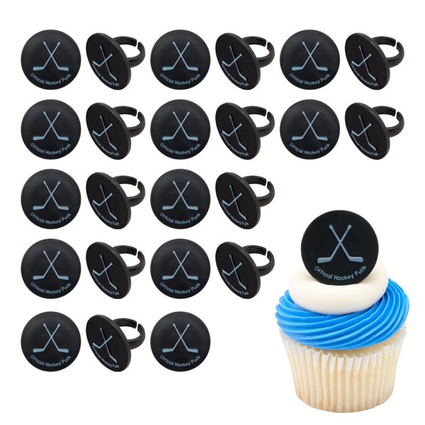 DecoPac Ice Hockey Rings, Ice Hockey Puck Cupcake Decorations, Hockey Cupcake Toppers, Black, Food Safe & Ready To Use – 24 Pack