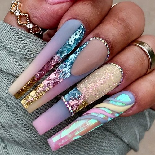 Long Press on Nails Coffin Colorful Fake Nails Acrylic Nails Strobe Reusable Glossy False Nails A...