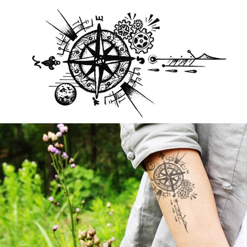 Oottati 2 Sheets Waterproof Small Cute Fake Hand Neck Temporary Tattoos Stickers Black Arrow Compass Gear