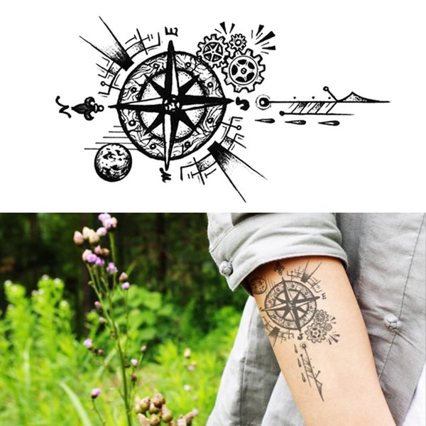 Oottati 2 Sheets Waterproof Small Cute Fake Hand Neck Temporary Tattoos Stickers Black Arrow Compass Gear